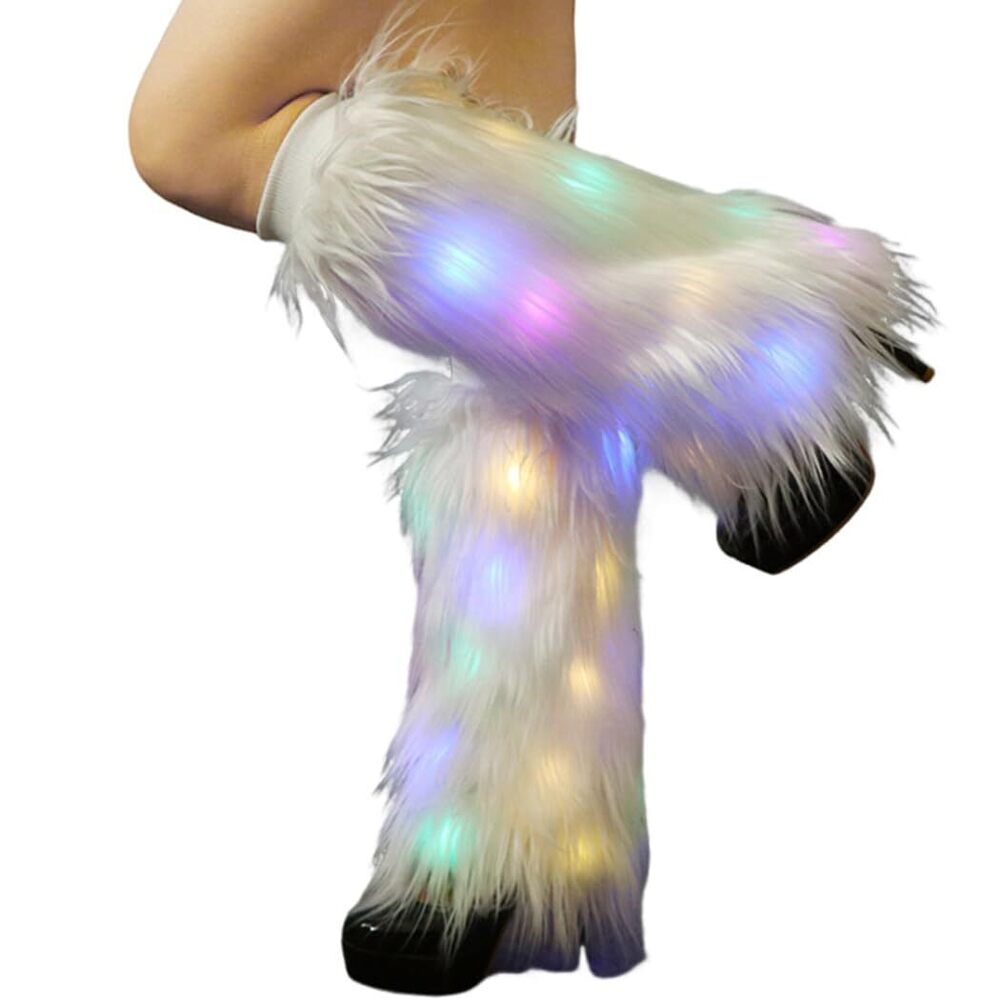 2057 White Fur Leg Warmers Light Up Furry Leg Warmers 70s 80s Dance Hosiery
